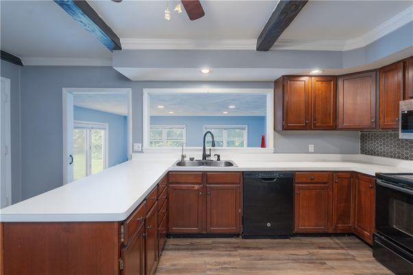 Interior, Kitchen, Recessed Lighting, Wooden Beams, Wood Texture Flooring