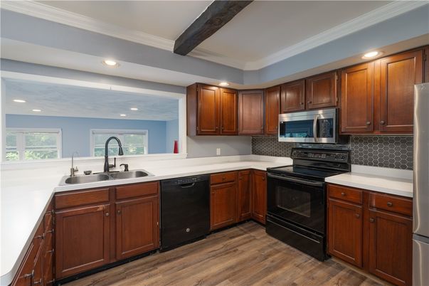 Interior, Kitchen, Recessed Lighting, Wooden Beams, Wood Texture Flooring
