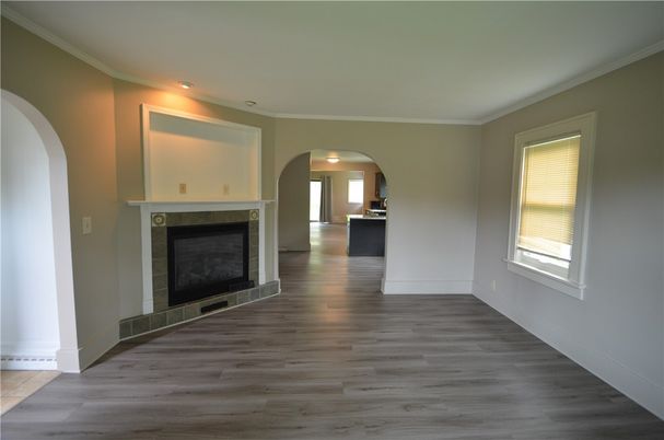 Empty room, Fireplace, Interior, Recessed Lighting, Wood Texture Flooring