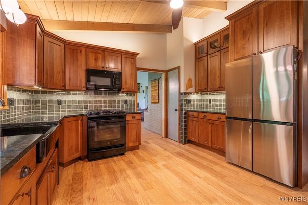 Interior, Kitchen, Tile Countertops, Wooden Beams, Wooden Ceilings, Wood Texture Flooring