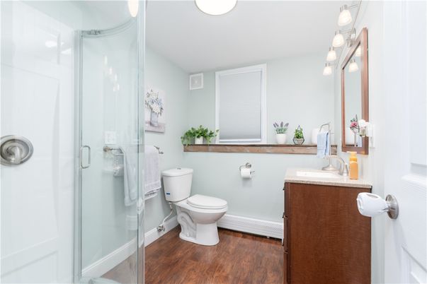 Bathroom, Glass Shower, Interior, Recessed Lighting, Wood Texture Flooring