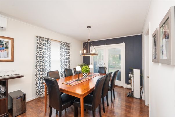 Dining room, Interior, Pendant Lights, Wood Texture Flooring