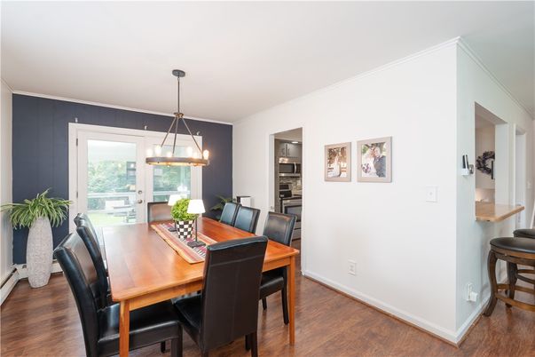 Dining room, Interior, Pendant Lights, Wood Texture Flooring