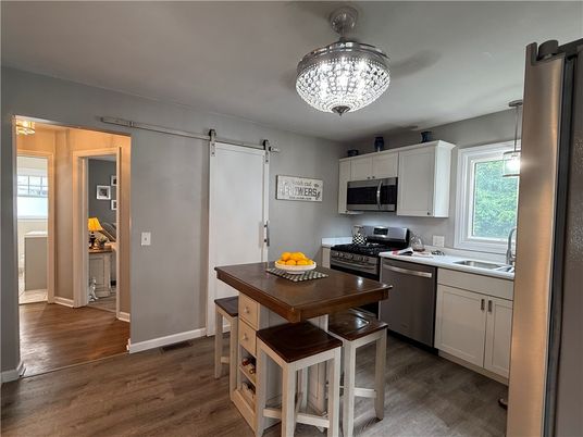 Dining room, Interior, Kitchen, Pendant Lights, Wood Texture Flooring