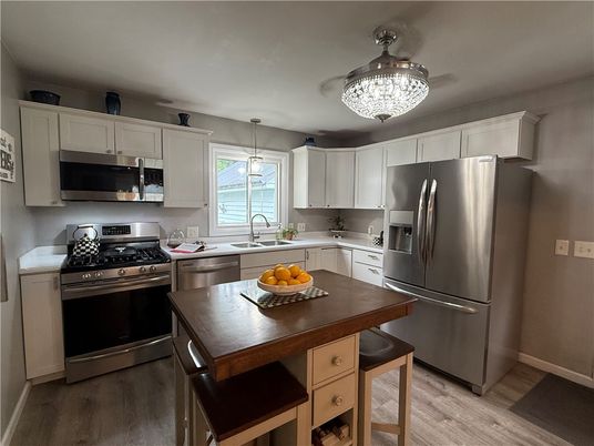 Interior, Kitchen, Pendant Lights, Stainless Steel Appliances, Wood Texture Flooring