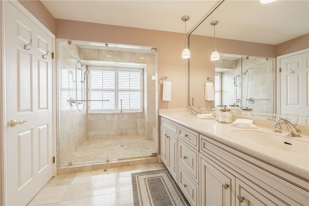 Bathroom, Dual Sink Vanities, Glass Shower, Interior, Pendant Lights