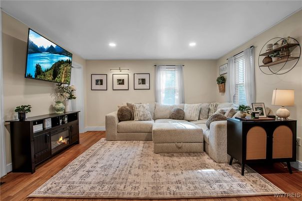 Fireplace, Interior, Living room, Recessed Lighting, Wood Texture Flooring