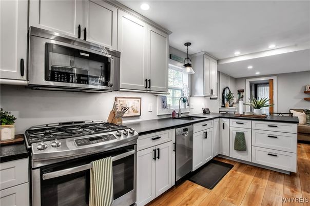 Interior, Kitchen, Pendant Lights, Recessed Lighting, Stainless Steel Appliances, Wood Texture Flooring