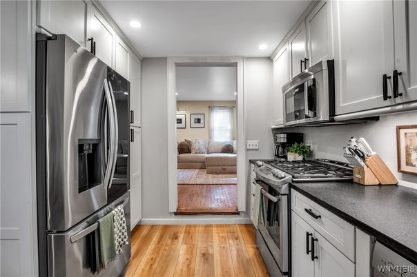 Interior, Kitchen, Living room, Recessed Lighting, Stainless Steel Appliances, Wood Texture Flooring