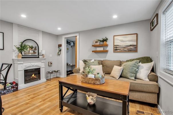 Fireplace, Interior, Living room, Recessed Lighting, Wood Texture Flooring