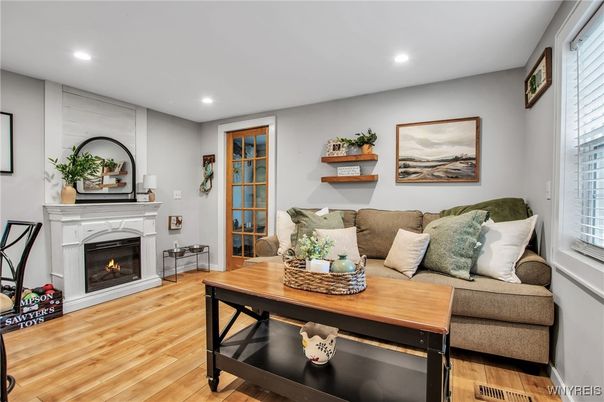 Fireplace, Interior, Living room, Recessed Lighting, Wood Texture Flooring