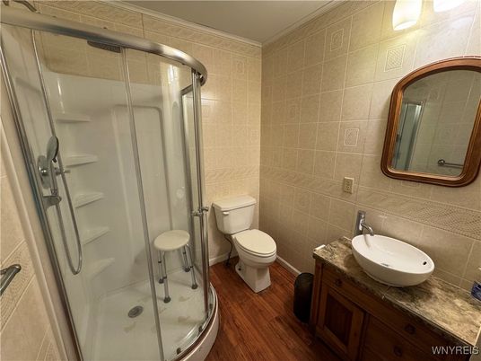 Bathroom, Glass Shower, Interior, Wood Texture Flooring