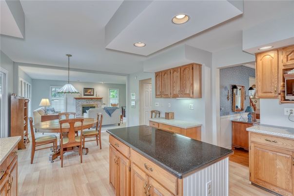 Dining room, Fireplace, Interior, Kitchen, Pendant Lights, Recessed Lighting, Wood Texture Flooring
