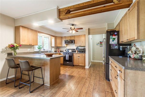 Interior, Kitchen, Recessed Lighting, Wooden Beams, Wood Texture Flooring