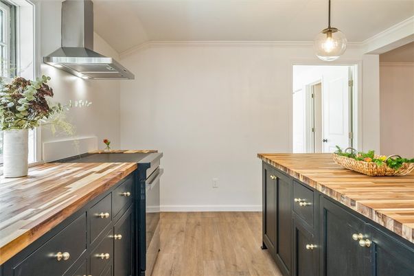 Interior, Kitchen, Pendant Lights, Stainless Steel Appliances, Wood Texture Flooring
