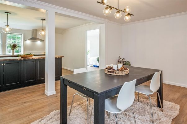 Dining room, Interior, Pendant Lights, Wood Texture Flooring