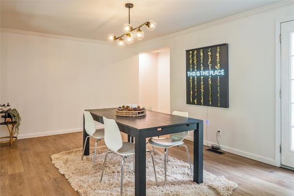 Dining room, Interior, Pendant Lights, Wood Texture Flooring