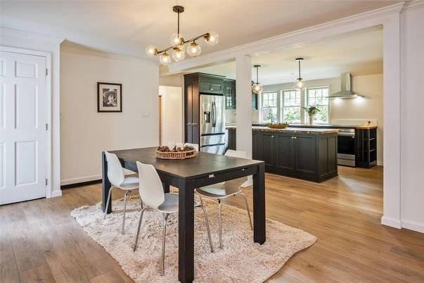 Dining room, Interior, Kitchen, Pendant Lights, Stainless Steel Appliances, Wood Texture Flooring