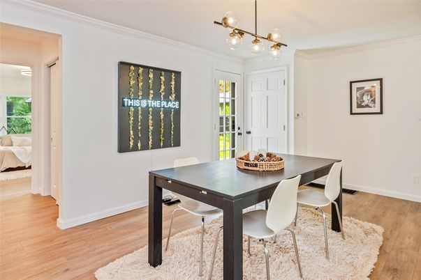 Dining room, Interior, Pendant Lights, Wood Texture Flooring