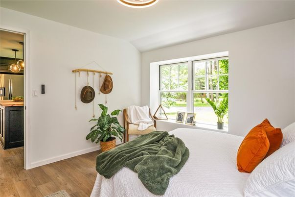 Bedroom, Interior, Pendant Lights, Wood Texture Flooring