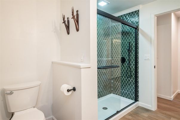 Bathroom, Glass Shower, Interior, Recessed Lighting, Wood Texture Flooring