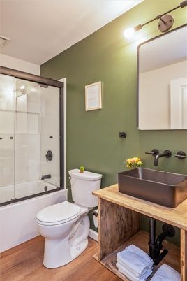 Bathroom, Glass Shower, Interior, Wood Texture Flooring