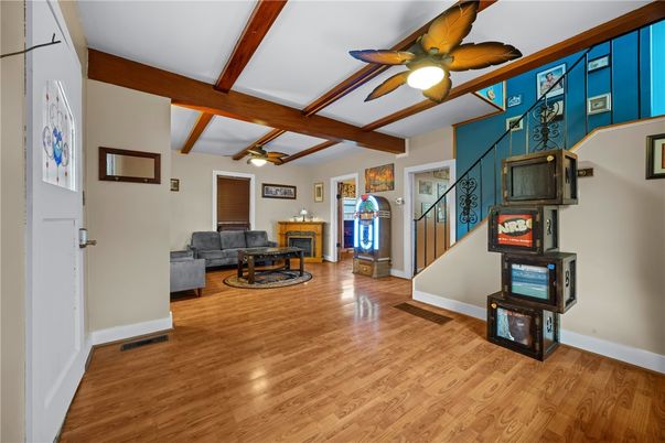Fireplace, Interior, Living room, Wooden Beams, Wood Texture Flooring