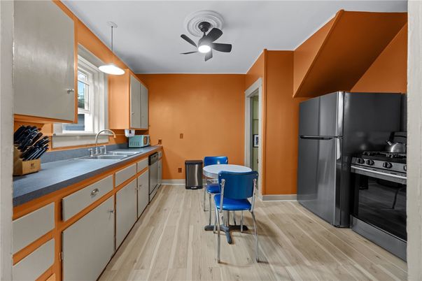 Interior, Kitchen, Pendant Lights, Wood Texture Flooring