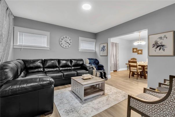 Dining room, Interior, Living room, Pendant Lights, Recessed Lighting, Wood Texture Flooring
