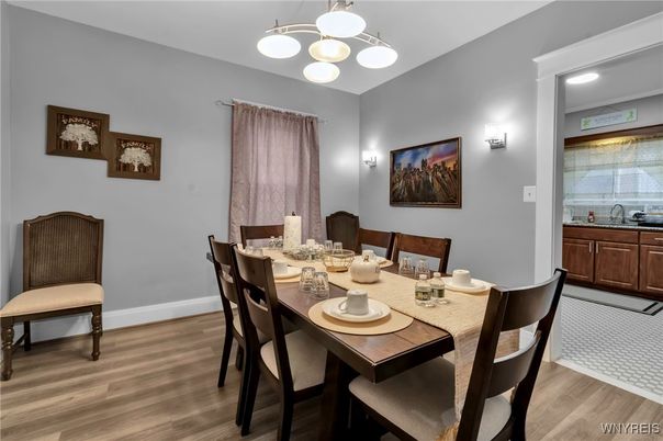Dining room, Interior, Pendant Lights, Recessed Lighting, Wood Texture Flooring