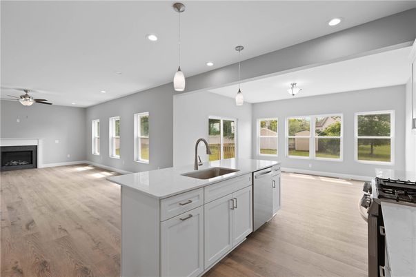 Fireplace, Interior, Kitchen, Pendant Lights, Recessed Lighting, Wood Texture Flooring