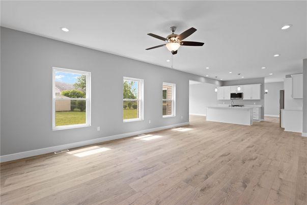 Empty room, Interior, Kitchen, Pendant Lights, Recessed Lighting, Wood Texture Flooring