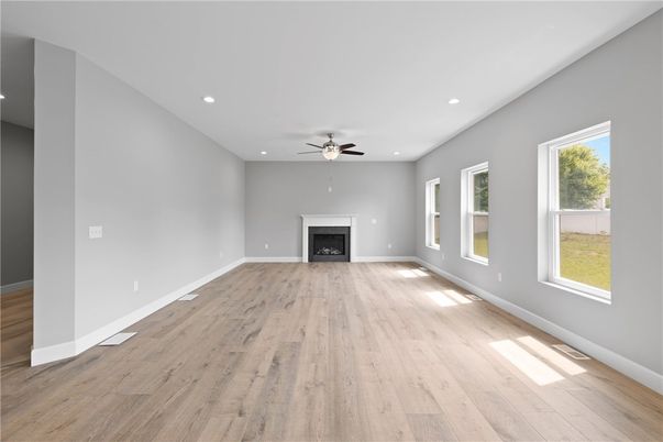 Empty room, Fireplace, Interior, Recessed Lighting, Wood Texture Flooring