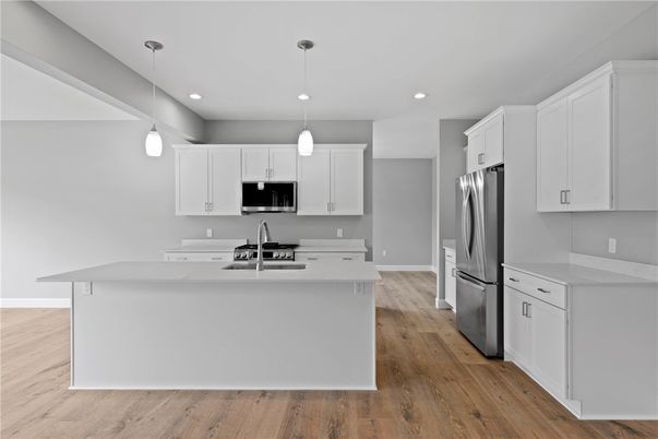 Interior, Kitchen, Pendant Lights, Recessed Lighting, Stainless Steel Appliances, Wood Texture Flooring