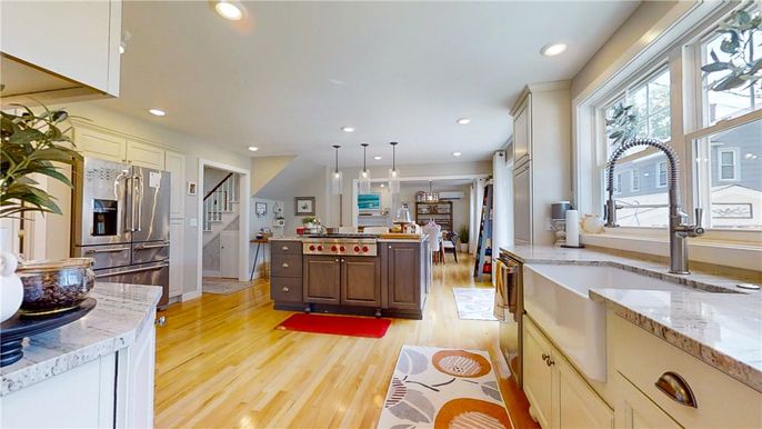 Interior, Kitchen, Pendant Lights, Recessed Lighting, Stainless Steel Appliances, Wood Texture Flooring