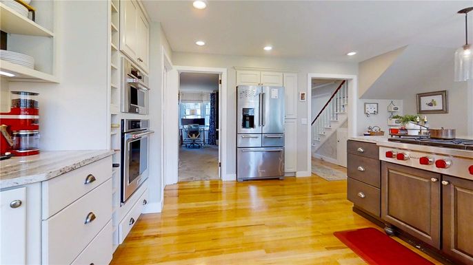 Interior, Kitchen, Pendant Lights, Recessed Lighting, Stainless Steel Appliances, Wood Texture Flooring