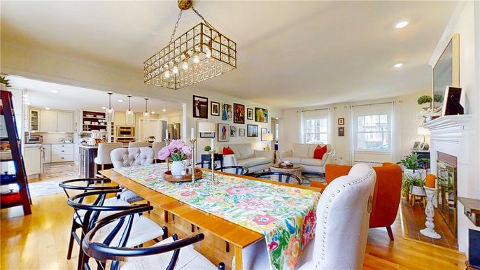 Dining room, Fireplace, Interior, Kitchen, Living room, Pendant Lights, Recessed Lighting, Wood Texture Flooring