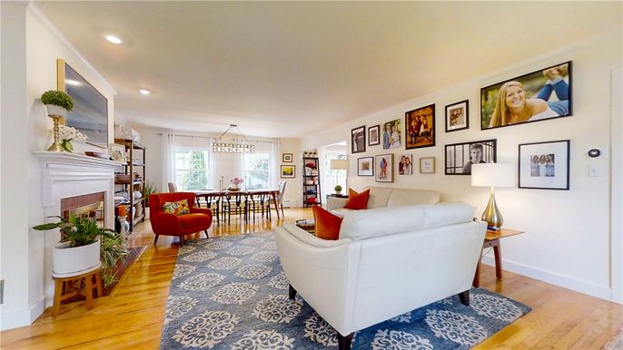 Chandelier, Dining room, Fireplace, Interior, Living room, Recessed Lighting, Wood Texture Flooring