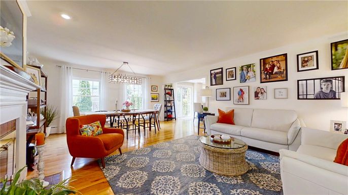 Dining room, Fireplace, Interior, Living room, Pendant Lights, Recessed Lighting, Wood Texture Flooring
