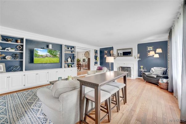 Dining room, Fireplace, Interior, Living room, Wood Texture Flooring