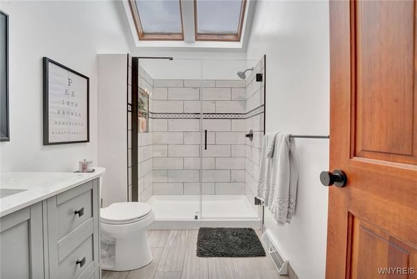 Bathroom, Glass Shower, Interior, Wood Texture Flooring