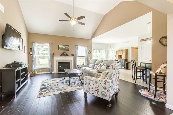 Dining room, Fireplace, Interior, Living room, Pendant Lights, Wood Texture Flooring