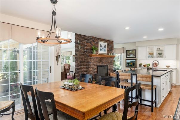 Dining room, Fireplace, Interior, Kitchen, Pendant Lights, Recessed Lighting, Stone Walls, Wood Texture Flooring