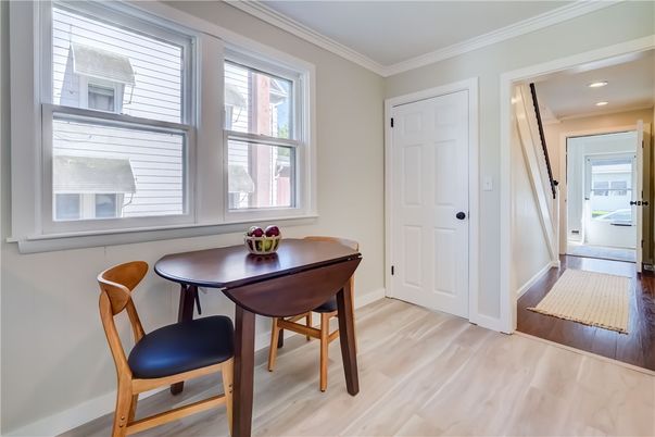 Dining room, Interior, Recessed Lighting, Wood Texture Flooring