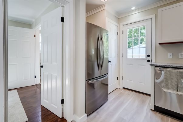 Interior, Kitchen, Recessed Lighting, Stainless Steel Appliances, Wood Texture Flooring