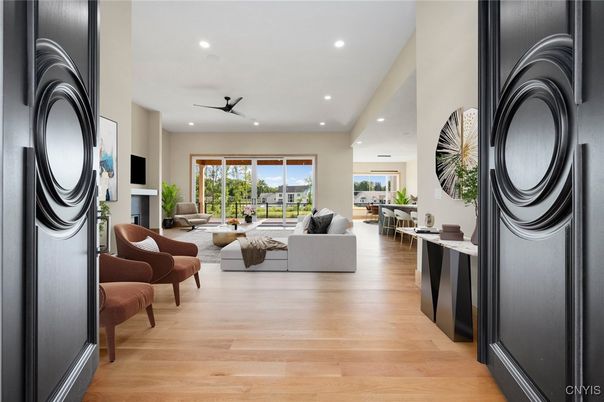 Fireplace, Interior, Living room, Recessed Lighting, Wood Texture Flooring