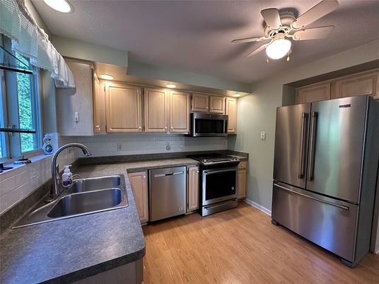 Interior, Kitchen, Recessed Lighting, Stainless Steel Appliances, Wood Texture Flooring