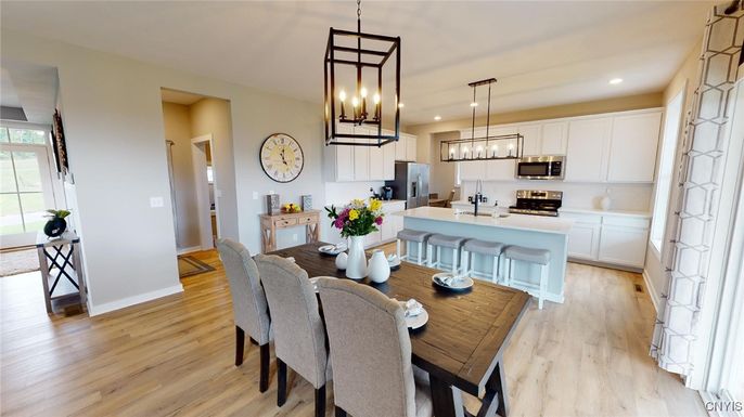 Dining room, Interior, Kitchen, Pendant Lights, Recessed Lighting, Wood Texture Flooring