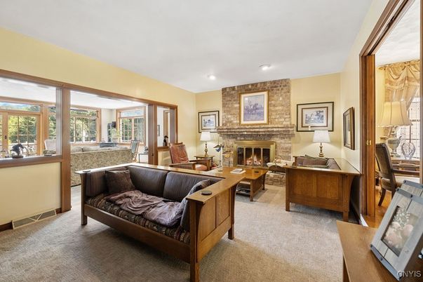 Fireplace, Interior, Living room, Recessed Lighting, Stone Walls