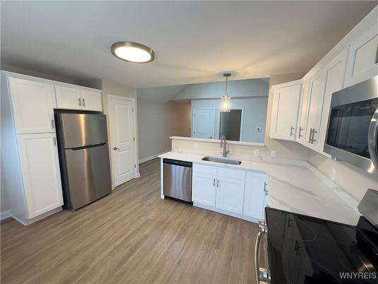 Interior, Kitchen, Pendant Lights, Stainless Steel Appliances, Wood Texture Flooring